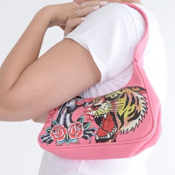 Ed Hardy x Siberia Hills Y2K Pink Purse VTG 2000's Ed Hardy Pink Shoulder Bag - Picture 2 of 12